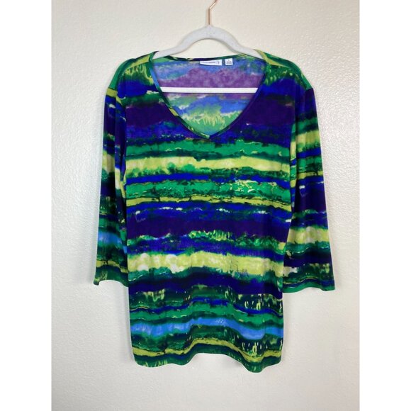 Susan Graver Tops - Susan Graver Women Top size Large Liquid knit V-Neck Watercolor 3/4 Sleeve Artsy